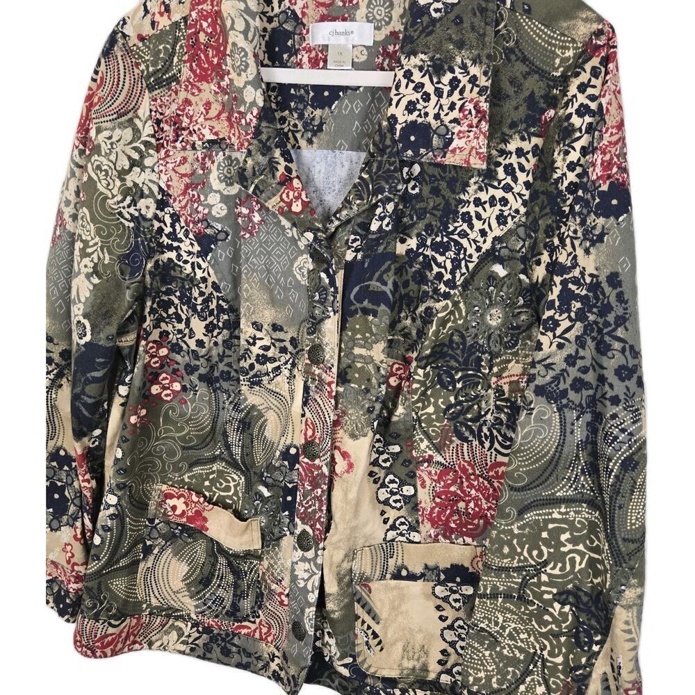 CJ Banks Jean Jacket Womens 1X Olive Tan Paisley Buttons Peasant Cottage Boho